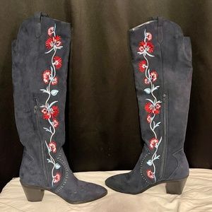 Navy blue knee-high boots with red white and blue embroidery design